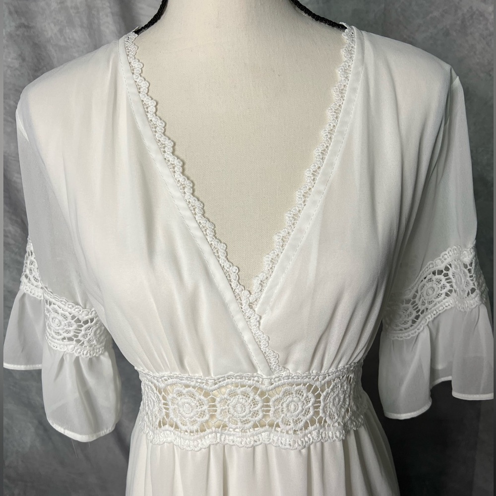 Women’s Short Sleeves Chiffon Semi-Sheer Sexy V Neck Flowy Casual Dress Boho - Picture 9 of 15